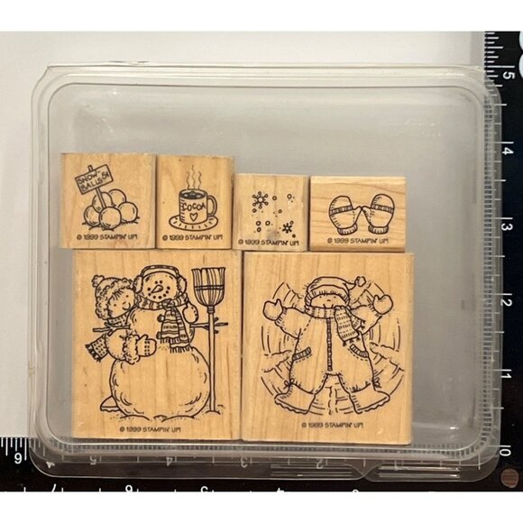(#2) STAMPIN' UP! SNOW ANGELS Wood Mount Rubber Stamp set BALL COCOA MITTEN MAN - Picture 1 of 5
